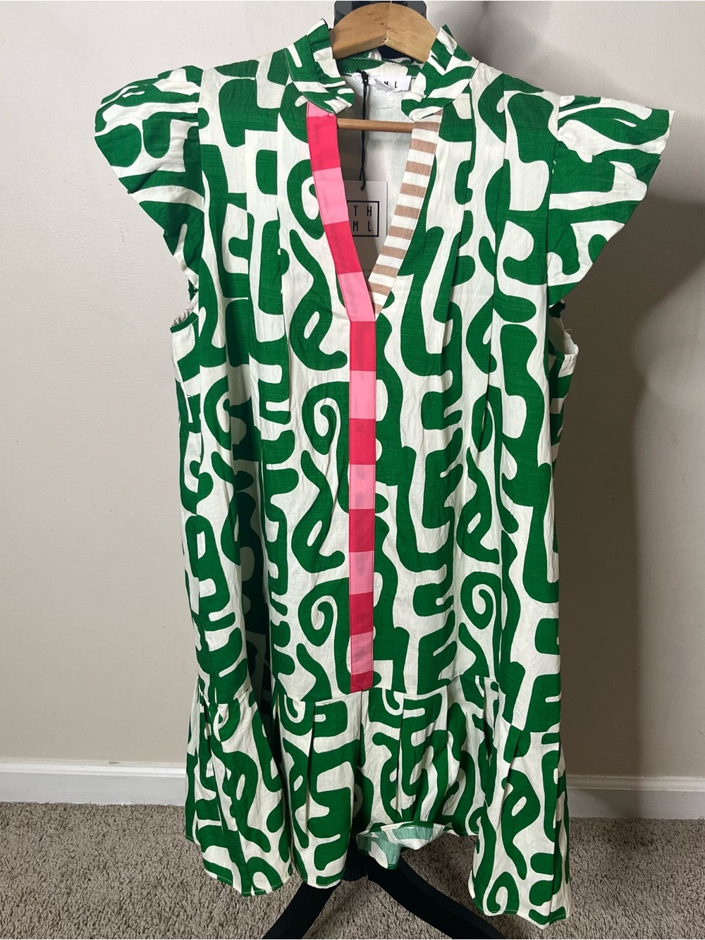 THML Women’s Green White Abstract Print Ruffle Knee Length Dress Sz M~NWT - Picture 9 of 11